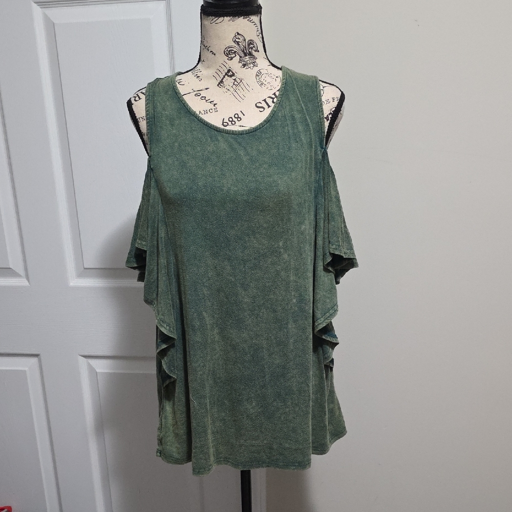 L love Cold Shoulder Ruffle Sleeve Shirt Top Acid Washed Green Sz Small